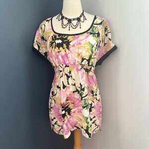 Matty M Abstract Floral Blouse | Mini Dress | Elastic Waist Tunic Top | Size S